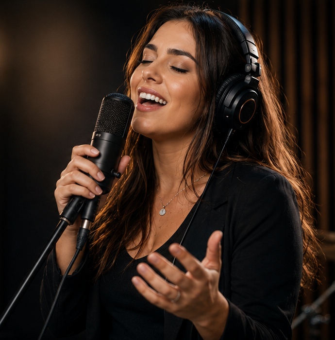 Cantora em estúdio profissional a representar o canto moderno na ACADEMIA ATELIER DA MÚSICA